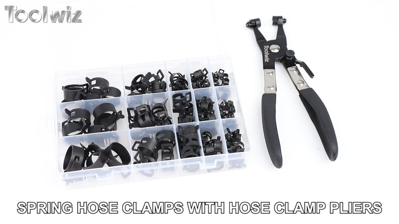 Toolwiz 130Pcs 6-25mm Spring Band Hose Clamps Assortment with Clamp Plier Spring Clamps with Plier 130