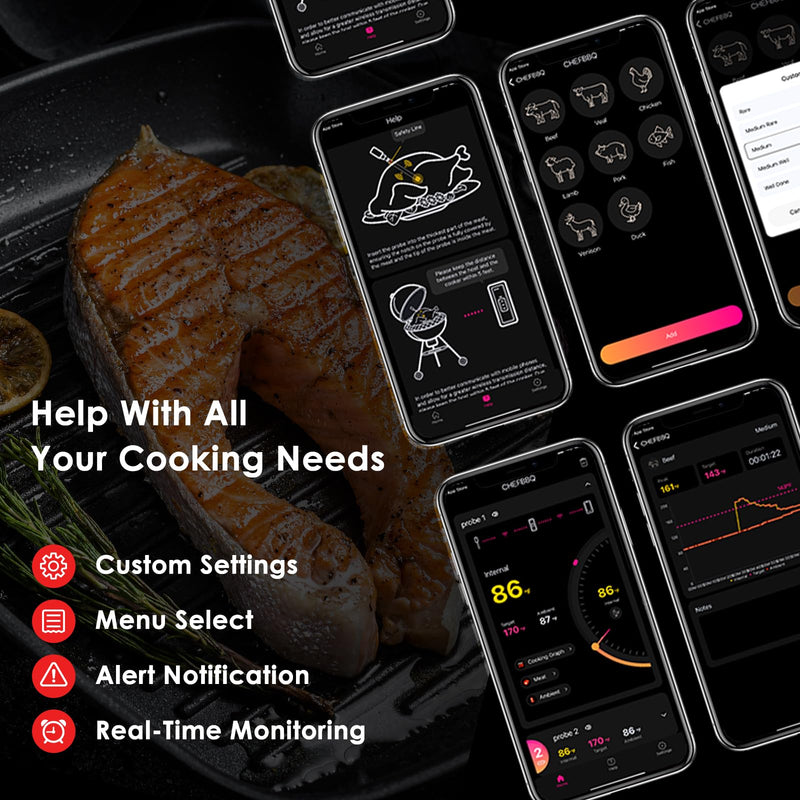 Wireless Meat Thermometer, 800FT Bluetooth Cooking Thermometer, 2 Ultra-Thin Probes, LCD Display, Digital Food Thermometer for Grill, BBQ, Smoker, Air Fryer, Rotisserie X-109
