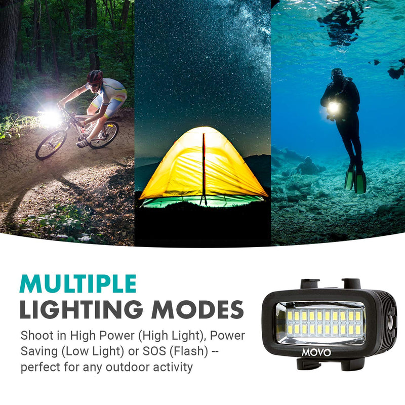 Movo LED-WP Underwater High-Power Rechargeable LED Video Light with Action Camera and Shoe Mounts, Compatible with GoPro, DSLR - Perfect for Vlogging, Traveling, Scuba Diving, Snorkel, Surfing, Sport