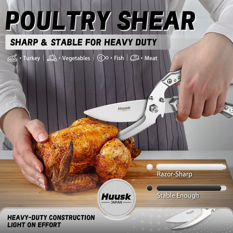 Huusk Kitchen Scissors All Purpose Poultry Shears Heavy Duty Ultral Sharp Detachable Kitchen Shears for Chicken Bone Turkey Silvery Stainless Steel Cooking Shear Thanksgiving Silver