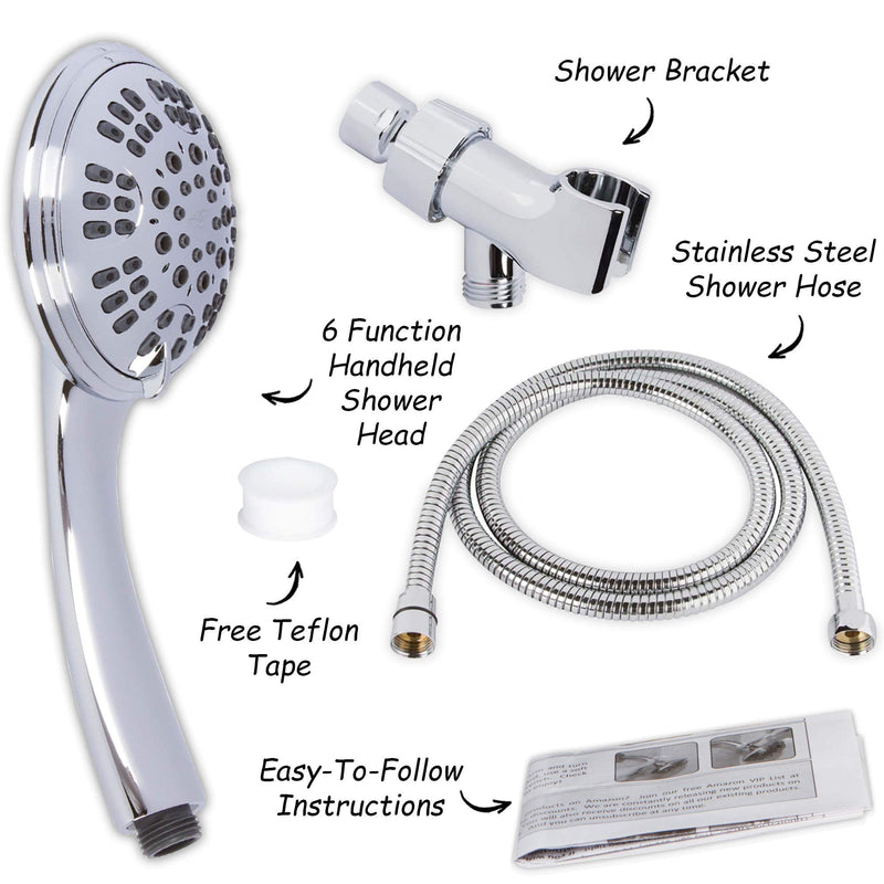 Aqua Elegante Luxury Handheld Shower Kit - 6 Function High Pressure Removable Hand Held Showerhead with Hose and Mount, Easy Install for Boosting Low Water Flow Baths - 2.5 GPM - Polished Chrome