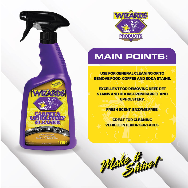 Wizards Carpet and Upholstery Cleaner - Fabric Cleaner Spray Solution for a Fresh & Clean Car - Pet Stain & Smell Remover and Natural Carpet Cleaner - Made in USA - 22 oz