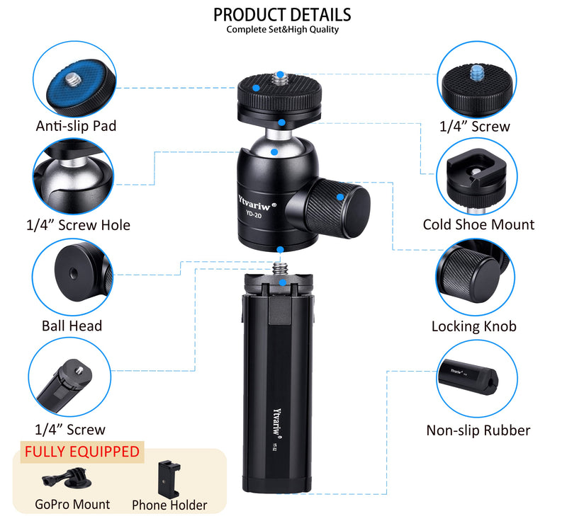 Camera Tripod Mini Ball Head with Cold Shoe Mount,360° Panoramic Aluminum Alloy Ball Head Mount with 1/4" Screw for DSLR Camera,Cell Phone,Monitor,LED Video Light,Microphone