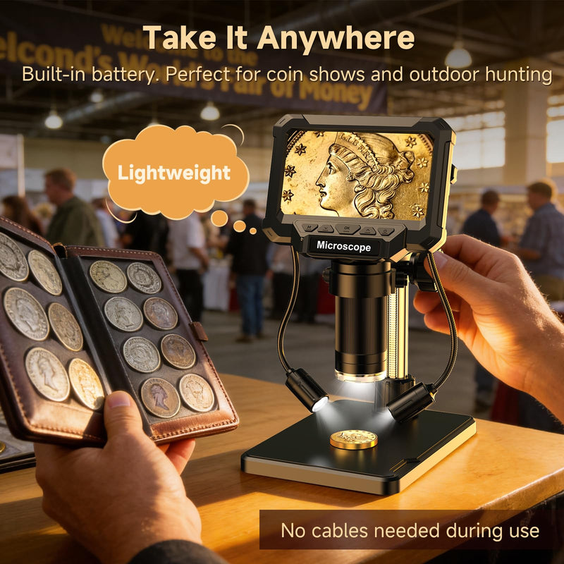 4.3" LCD Digital Coin Microscope with 2 Side Lights | For coin dates, mint marks and error coin checks. 4.3" screen works without a computer; side lights help reduce shadows 4.3inch
