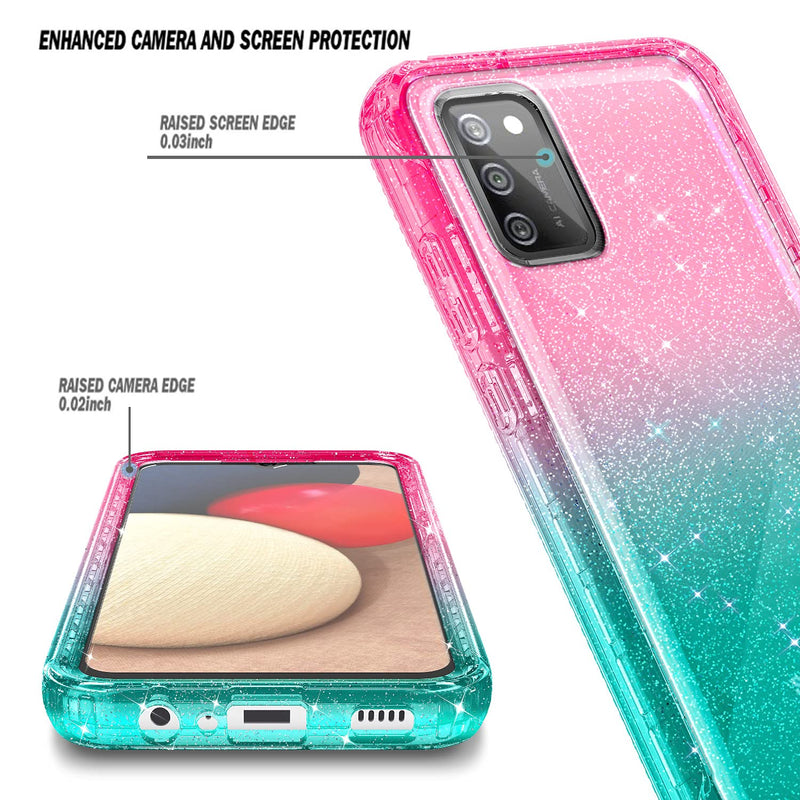 NZND Case for Samsung Galaxy A03S with [Built-in Screen Protector], Full-Body Protective Shockproof Rugged Bumper Cover, Impact Resist Phone Case (Glitter Pink/Aqua) Glitter Pink/Aqua