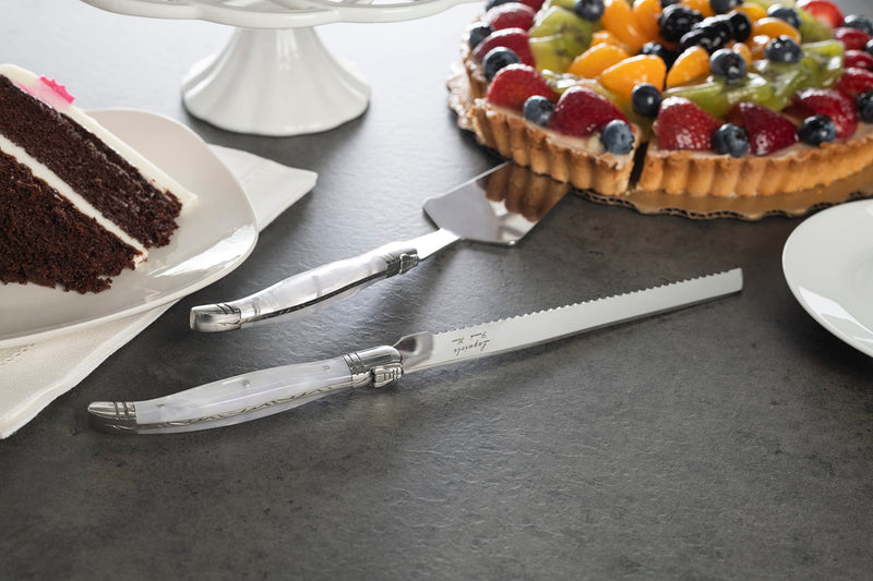 French Home Laguiole 2-Piece Cake Knife and Server Set – Luxurious Stainless Steel Cake Cutter & Server – Cake Cutting Set – Party, Home Dining, or Wedding Cake Knife and Server Set (Pearl White) Pearl White