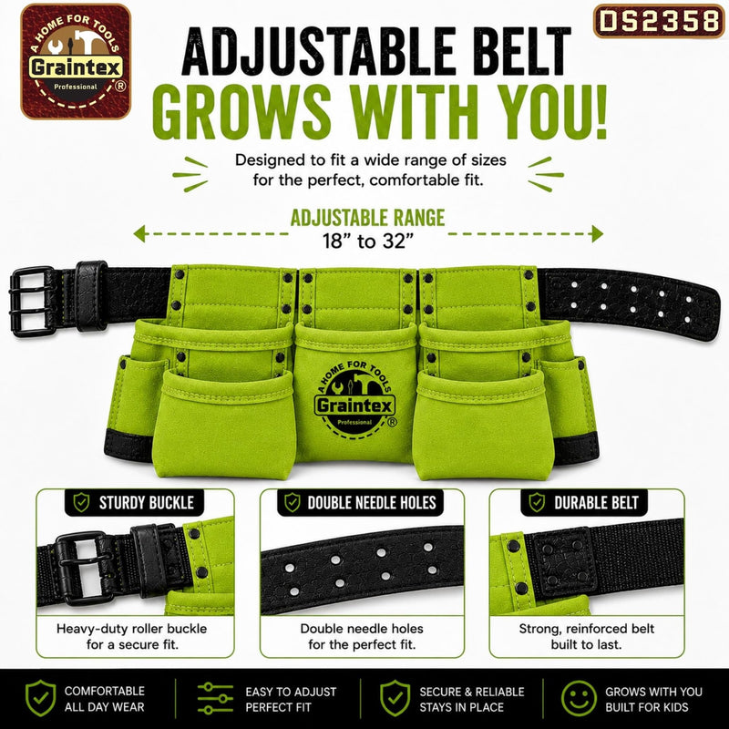 Graintex DS2358 :: 9 Pocket Children Tool Belt Lime Green Color Suede Leather, Kids Real Tool Belt, Boys and Girls Tool Apron for Home Improvement, 1.1/2" Leather Belt, Hammer Loops 9 Pockets