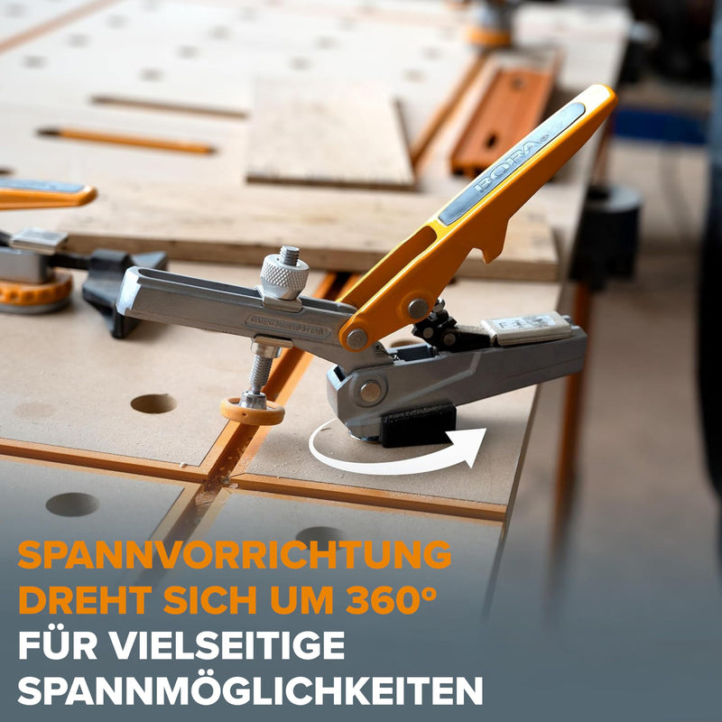 BORA Auto-Adjust Workbench Clamp | Horizontal MFT Clamp with 191mm Spiral Aluminium Dog Peg - 360° Swivel Base, 140mm Clamping Height, up to 181kg Clamping Force - For 19mm & 3/4" Dog-Hole Perforated Plates