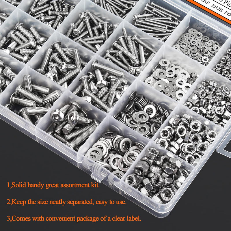 HELIFOUNER 1280 Pieces M2 M3 M4 M5 304 Stainless Steel Button Head Socket Cap Metric Screws Bolts Washers Nuts Hardware Assortment Kit with Hex Wrenches M2 M3 M4 M5 Button Head Socket Cap Screws Silver
