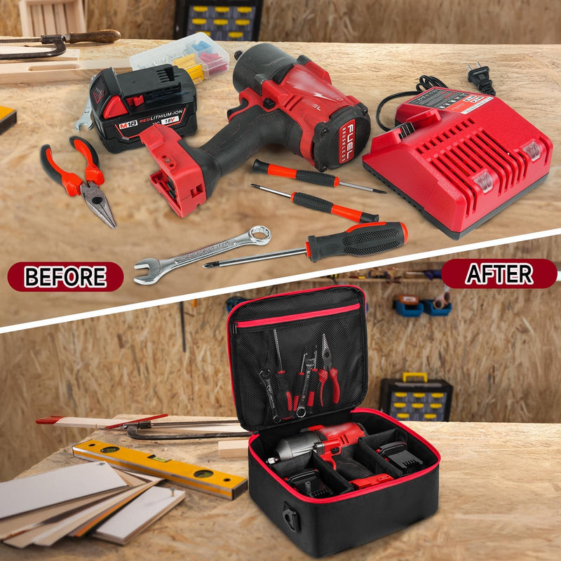 Impact Wrench Case Compatible with Milwaukee 2967-20/ Dewalt DCF900B/DCF891B/DCF961B/DCF899B Impact Wrench Kit,Tool Bag Compatible with Milwaukee Impact Battery and Charger,Bag Only Black red