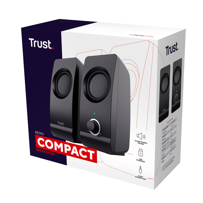 Trust Remo 2.0 PC Speakers, 16W (8W RMS), USB Powered, Jack 3.5mm, Stereo Speaker Set with Volume Control, Compact Sound System for Computer and Laptop - Black Remo 16 W