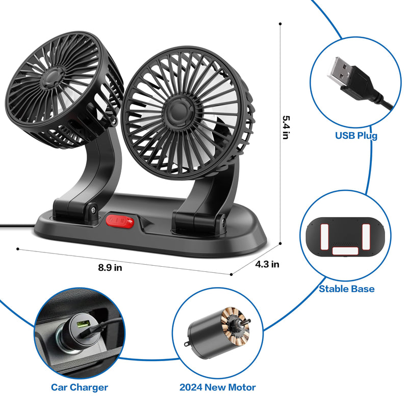 USB Adjustable Dual Head USB Car Fan, Portable Vehicle Cooling Fan with 2 Speeds, 360° Rotation Car Essentials Car Cooler Fan for SUV, RV, Truck, Sedan, Cruise, Car and Home Office Desk Fan USB Windscreen Fan/ Desk Fan