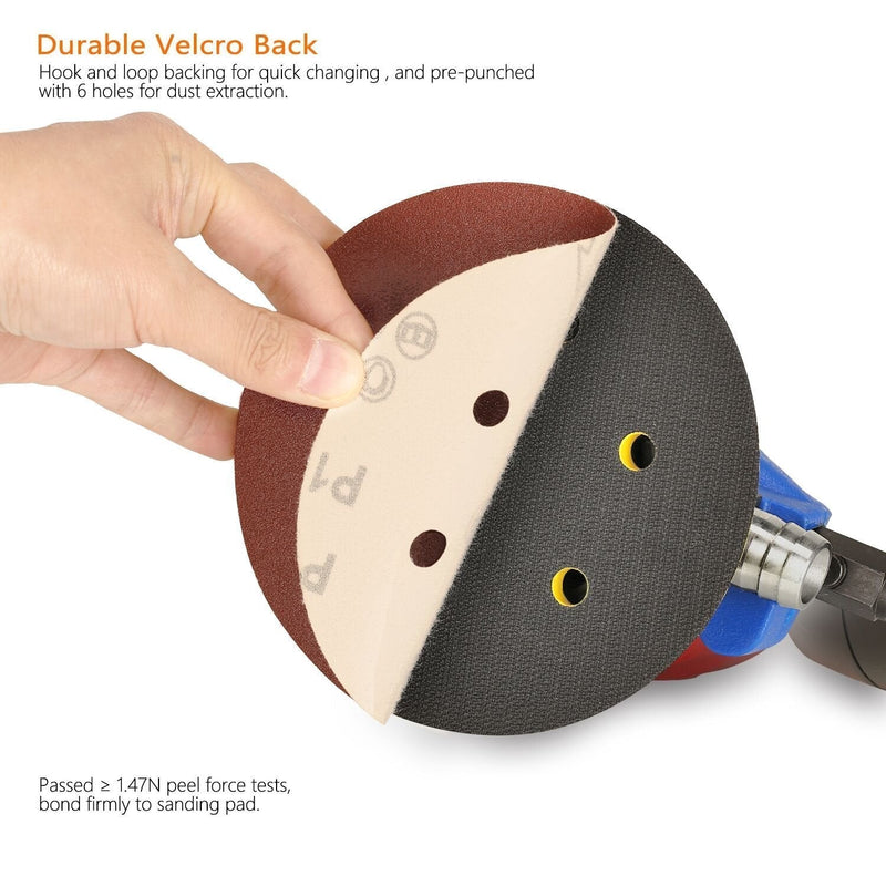 SPTA 100 pieces 150 mm 40/80/120/180/320/600/800/1000/1500/2000 sanding discs sandpaper eccentric sanders grit, with 6 holes for eccentric sanders