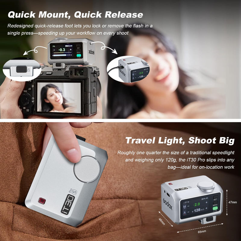 GODOX IT30Pro S TTL Mini Flash Kit Portable IT30ProS with White Diffuser for Sony 2.8" Full-Color Touchscreen Speedlite HSS 1/8000s 2.4G Wireless X System Trigger for Godox Flash(Silver) IT30P-S Silver