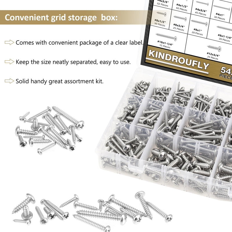542 Pieces #4#6#8#10#12 Phillips Pan Head Self-Tapping Screws, Wood Screws Assortment Kit, 304 Stainless Steel