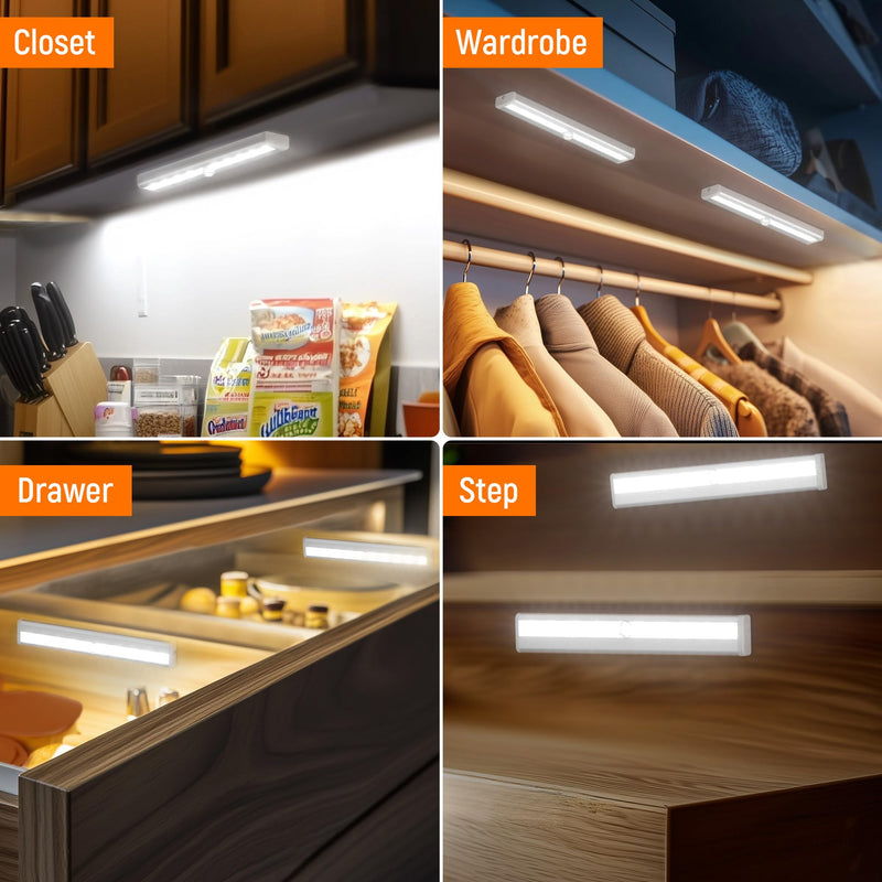 Motion Sensor LED Lights, 6 Pack Battery Operated 10 LED Motion Closet Light, Stick-On Anywhere Magnetic Night Light Bar for Closet Under Cabinet Kitchen Hallway Stairway Vanity Wardrobe White