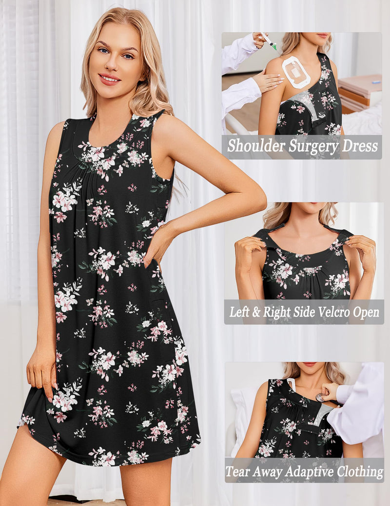 Deyeek Women's Post Shoulder Surgery Dress Tear Away Sleeveless Dress Side Full Open Chemo Port Adaptive Nightgown Black Print X-Large