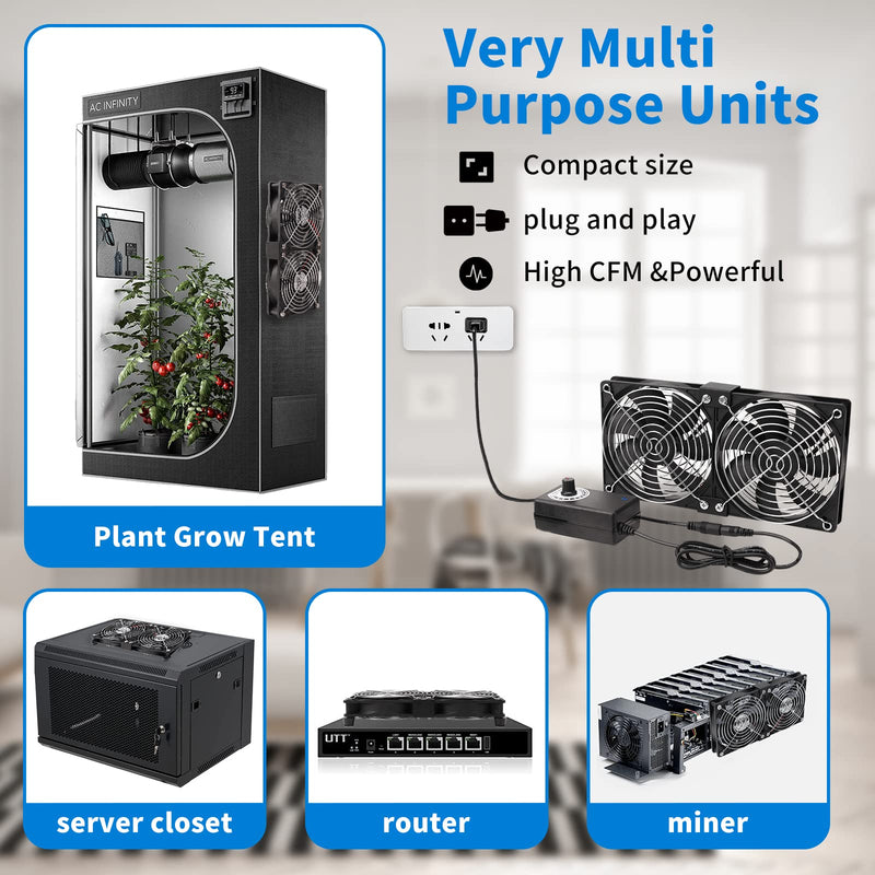 Dual 120mm High CFM Computer Fans with AC Plug, AC 110V - 240V Variable Speed Fan, Cooling for Server Closet Cabinet Mining Machine Chassis Workstation 9.5in fan with speed controller