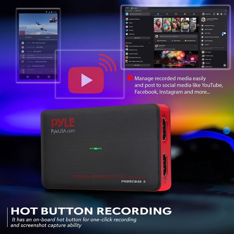PyleUsa Video Game Capture Card Device with Video Recorder, HDMI Output, Full HD 1080P Live Streaming, USB, SD, PC, DVD, PS4, PS3, XBox One, XBox 360 and Wii - PHDRCB48