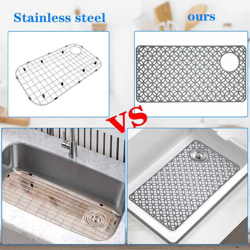 Sink Protectors for Kitchen Sink,28.2''x 14.2'' Sink Protectors for Kitchen,Sink Drainage Mat- Non-slip Sink Mat for Bottom of Kitchen Farmhouse Porcelain Sink Kitchen Sink Grid Accessory. Grey 28.2"x14.2" Upper Right Hole