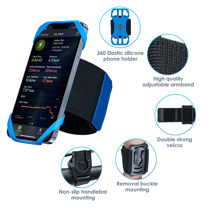 Running Armband, 3 in 1 Running Phone Holder Sports Armband Bicycle Phone Holder 360° Rotatable & Detachable Running Phone Armband for 4.5-9'' iPhone Huawei for Gym Running Hiking Blue