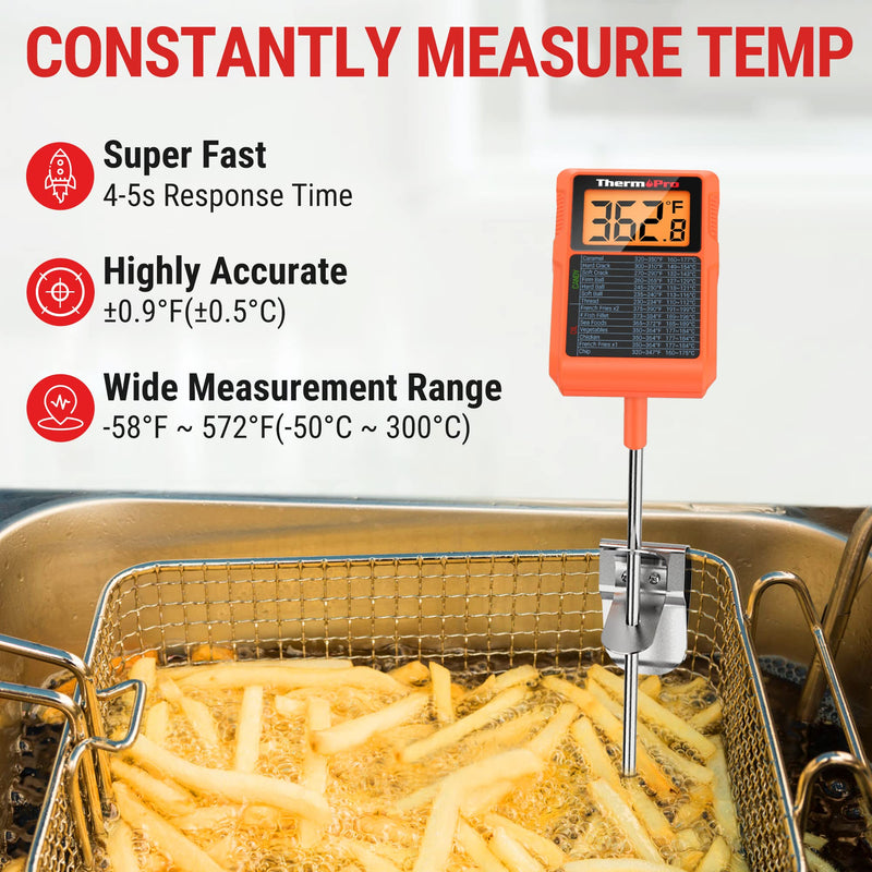 ThermoPro TP510 Waterproof Digital Candy Thermometer with Pot Clip, 10" Long Probe Instant Read Food Cooking Meat Thermometer for Grilling Smoker BBQ Deep Fry Oil Thermometer Temperature Guide