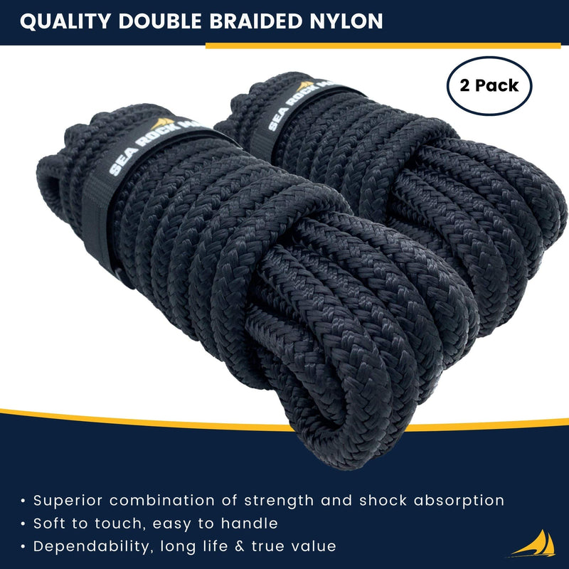 Premium Double Braided Nylon Dock Lines w 12” Eyelet & Bundle Ties - For Boats, Marine Rope, Boat Accessories - Black Black - 2 Pack 15' x 3/8"