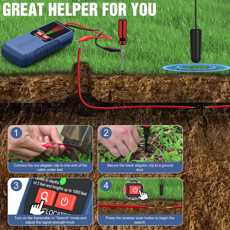 F04 Underground Cable Finder, Wire Detector Cable Detector with Headphones, Cable Tester for Dog Fence Cable, Irrigation Control Wires
