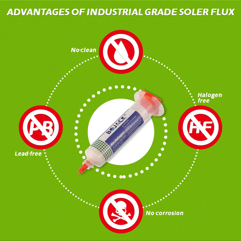 BOJACK 30ML Lead-Free Solder Flux Syringe Solder Flux Paste with 2 Dosing Tools and Push Rod Syringe for LED SMD PCB BGA Electronic Soldering (1.62 oz/46 g)