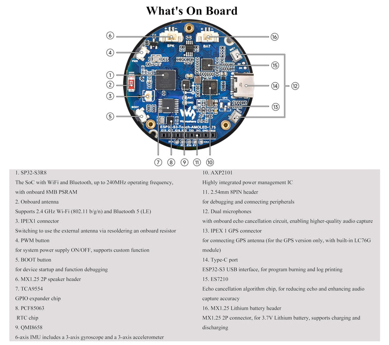 ESP32-S3 1.75inch AMOLED Round Touch Display Development Board, 466×466 Pixels, QSPI Interface, Onboard Dual Digital Microphone Array, Supports AI Speech Interaction, with Speaker and Case