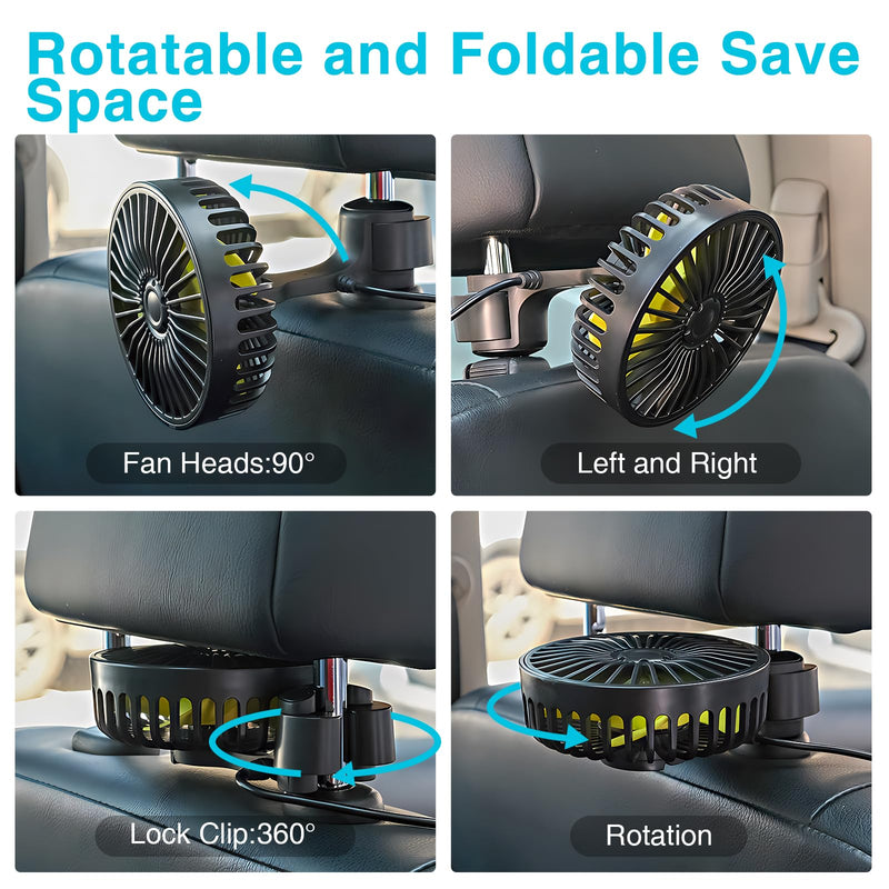 Dealswin USB Car Seat Fan for Backseat: Protable Car Cooling Fan for Car Rear Seat Baby Kids, 3 Speeds and 360 Degree Rotatable Car Rear Seat Headrest Fan for Sedan, SUV, RV, Van Strong Wind Car Fans