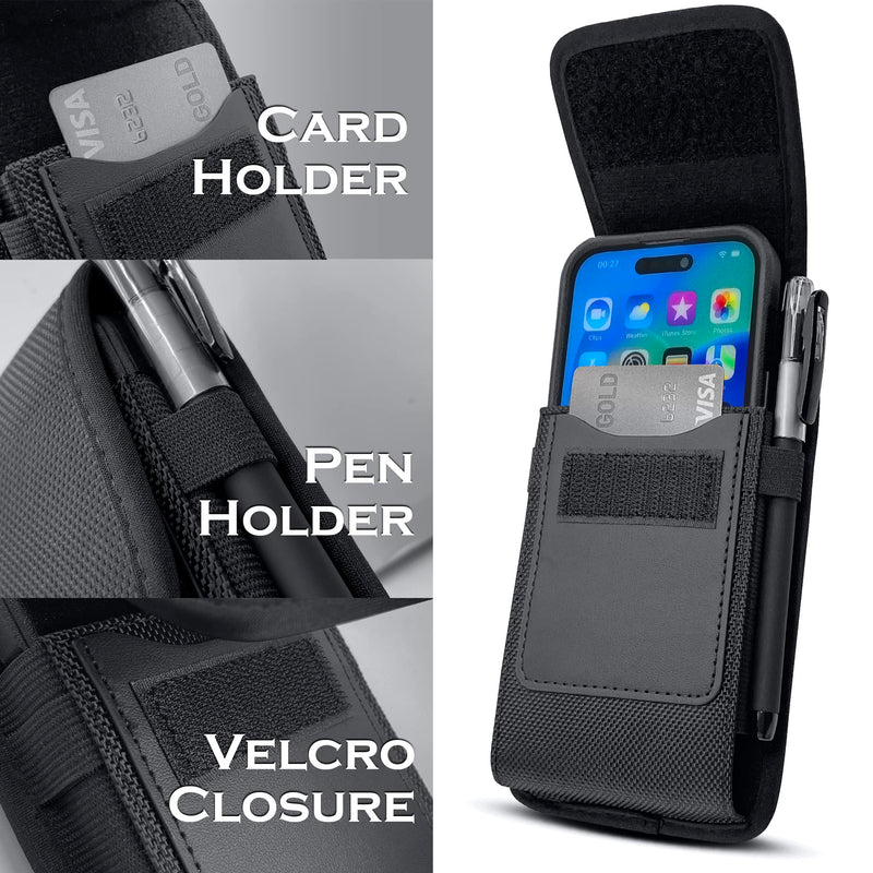 Cell Phone Pouch Belt Holster Case for iPhone 15, 15 Pro 14, 14 Pro 13 Pro, 13 12 Pro Xs X 11 XR Samsung Galaxy S24 S23 S22 S21 S20 S10 S9, ID Card Slot Holder (Fits Otterbox Commuter) Black Medium