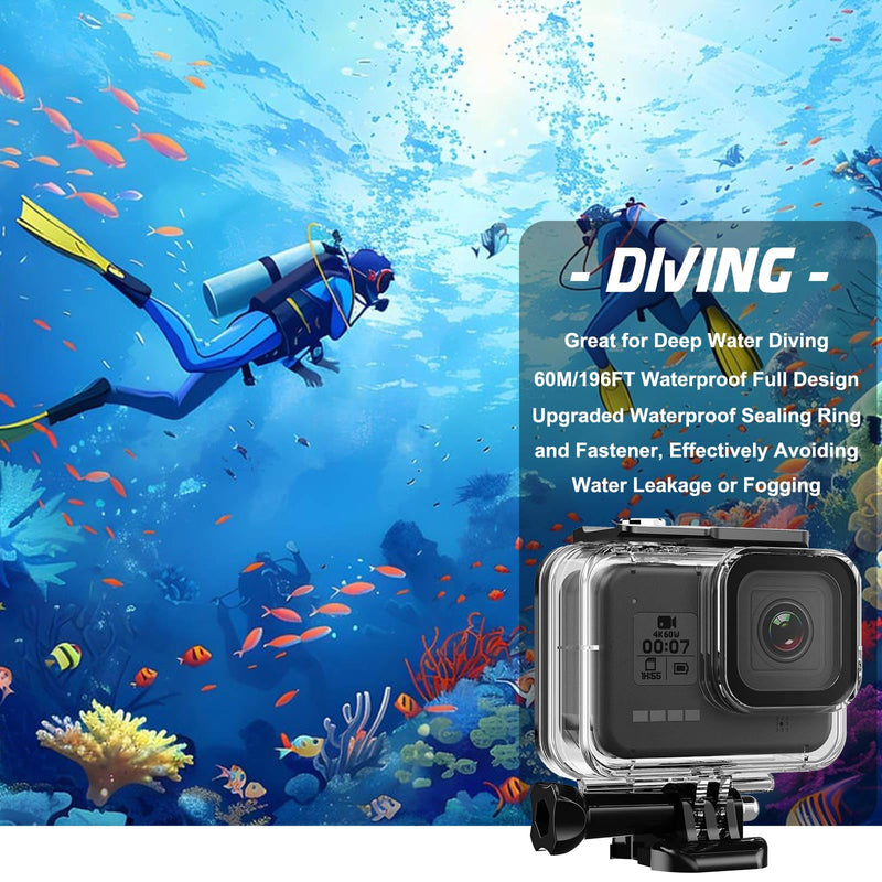 BO&DQQ 60M/196FT Waterproof Housing Case Compatible for Go Pro Hero 8 Black, Protective Underwater Dive Case Shell with Cameras Handle Mount Accessories Kit for Gopro Hero 8 Black