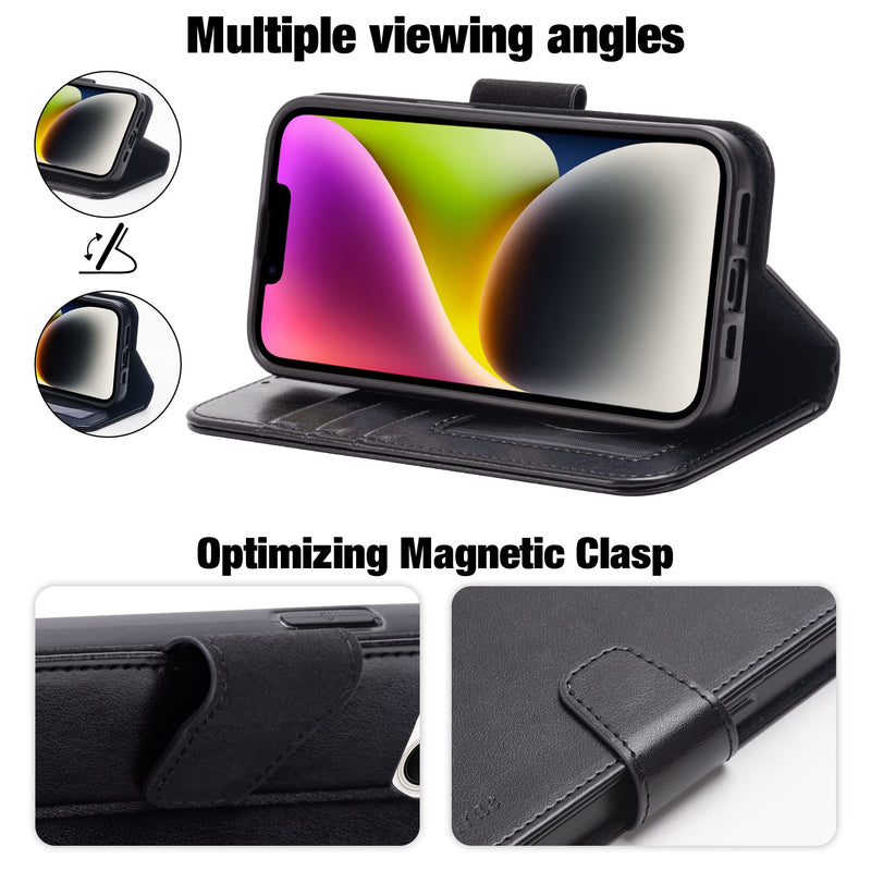 Arae Compatible with iPhone 14 Wallet Case with Card Holder and Wrist Strap Wallet Flip Cover for iPhone 14 6.1inch, Black iPhone 14 6.1 inch