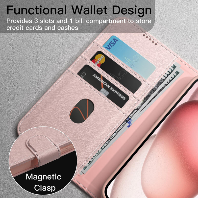 JETech Wallet Case for iPhone 15 6.1-Inch, Shockproof PU Leather Magnetic Flip Cover with Card Holder, Stand Feature and Full Camera Protection (Pink) Pink