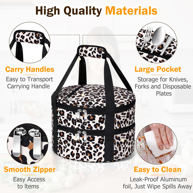 Round Double Insulated Casserole Carrier – 12" Portable Pie Carrier Bag for Hot or Cold Food, Leakproof Thermal Lunch Tote with Handle for Parties Picnic & Travel - Leopard