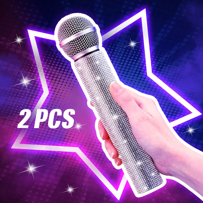 Threan 2 Pcs Fake Microphone Prop Halloween Toy Sparkly Glitter Rhinestone Bling Pretend Plastic Play Microphone Toy Mic Novelty Party Favor for Halloween Cosplay Party Costume(Silver) Silver