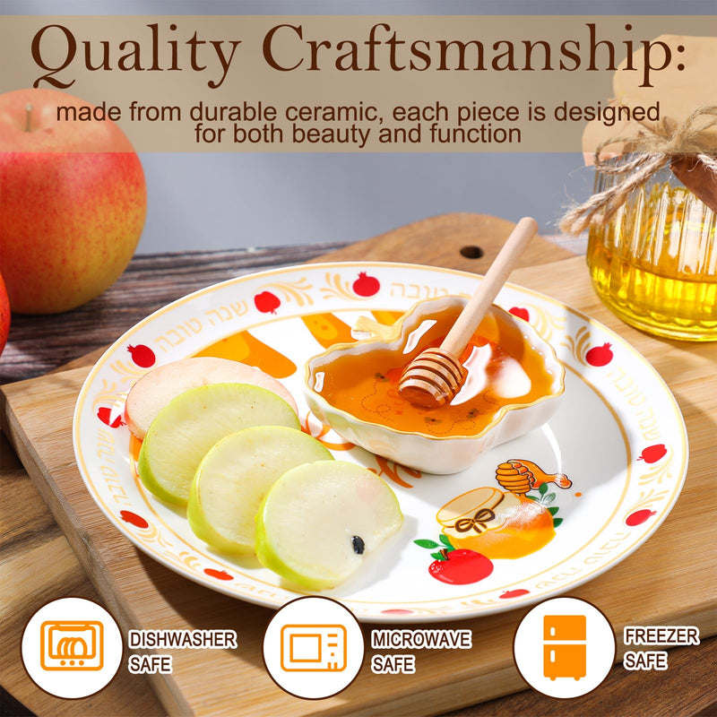 3 Pcs Rosh Hashanah Ceramic Honey Dish Set Decorations Shana Tova Ceramic Apple and Honey Plate with Dish Wooden Dipper Jewish New Year Hostess Party Favors Kitchen Accessories Table Decorations
