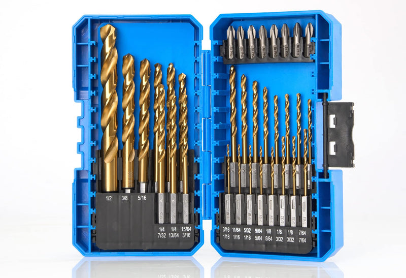 amoolo Impact Drill Bit Set, 33pcs Titanium HSS Twist Hex Shank Drill Bit Set for Metal, Steel, Wood, Plastic, Quick Change Design Plus 8pcs PH2 Short bits (1/16''-1/2'')