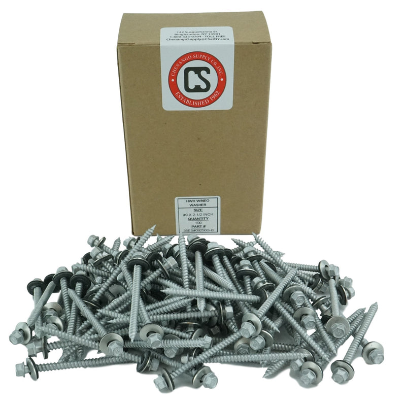 Chenango Supply #9 x 2-1/2" Hex Washer Head Metal Roof Screw. Self Starting/Tapping. EPDM Washer Seal. Corrugated Roofing/Siding. Gray. 2.5" Length (#9 x 2-1/2") #9 x 2-1/2"