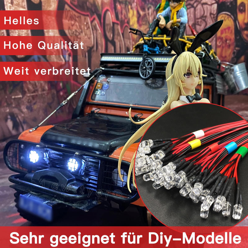 50 pieces pre-wired mini LED light diodes 5 mm DC 12 V set, LED diode model building lighting, multi-coloured white, red, blue, green, yellow Lewttyer