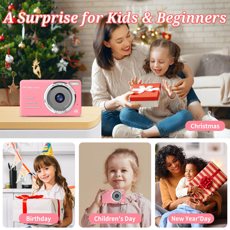 Digital Camera, FHD 4K 64MP Point and Shoot Kids Digital Camera with 64GB Card,18X Zoom, Anti Shake, Compact Small Cameras for Kids Gifts for Teens Girls Boys Pink-Enhanced version