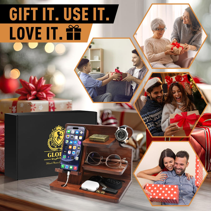 Wood Phone Docking Station for Men - Desk or Nightstand Organizer - Birthday Gifts for Husband, Dad - Anniversary Idea from Wife - Key Holder, Stand Wallet, Watch & Essentials