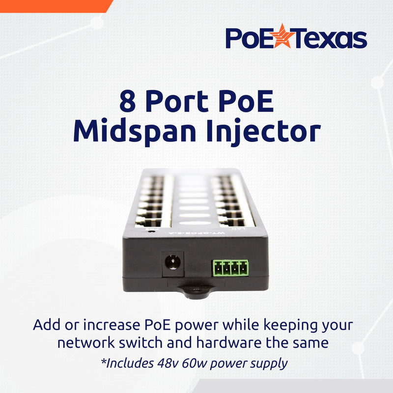 PoE Texas 8 Port PoE Injector - Gigabit Passive Power Over Ethernet Midspan - Front Wall Mount for Security Cameras, IP Phones, WiFi APs - Works with Non-PoE Switch, Includes 48v 60w Power Supply GPOE-8A-48v60w