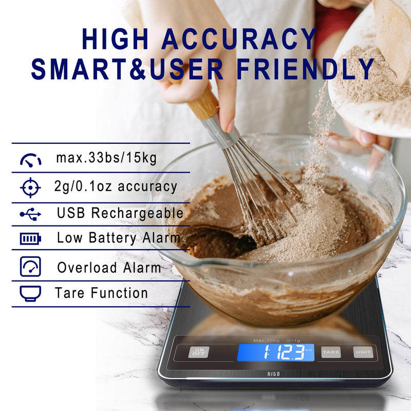 hito Food Scale 33lb Digital Kitchen Scale Rechargeable Waterproof Weight Grams and oz 1g/0.1oz Precise, for Weight Loss, Cooking and Baking, Black Grey 33lbs charging/ battery