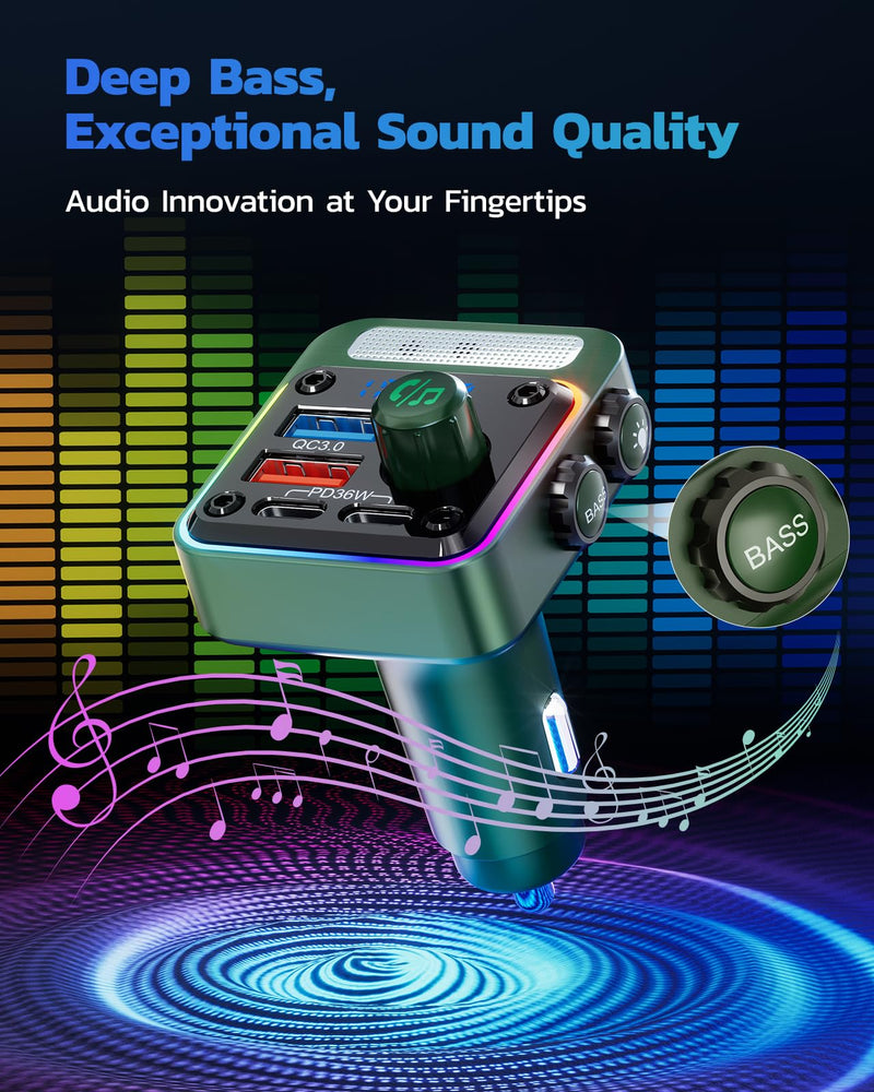 Nulaxy 54W Bluetooth 5.3 Car Adapter with 4 Charging Ports [PD 36W & QC3.0 18W], Wireless Radio FM Transmitter with Deep Bass Player & 5 Colors LED Backlit, Hands-Free Calling - NX16 Green C-Green