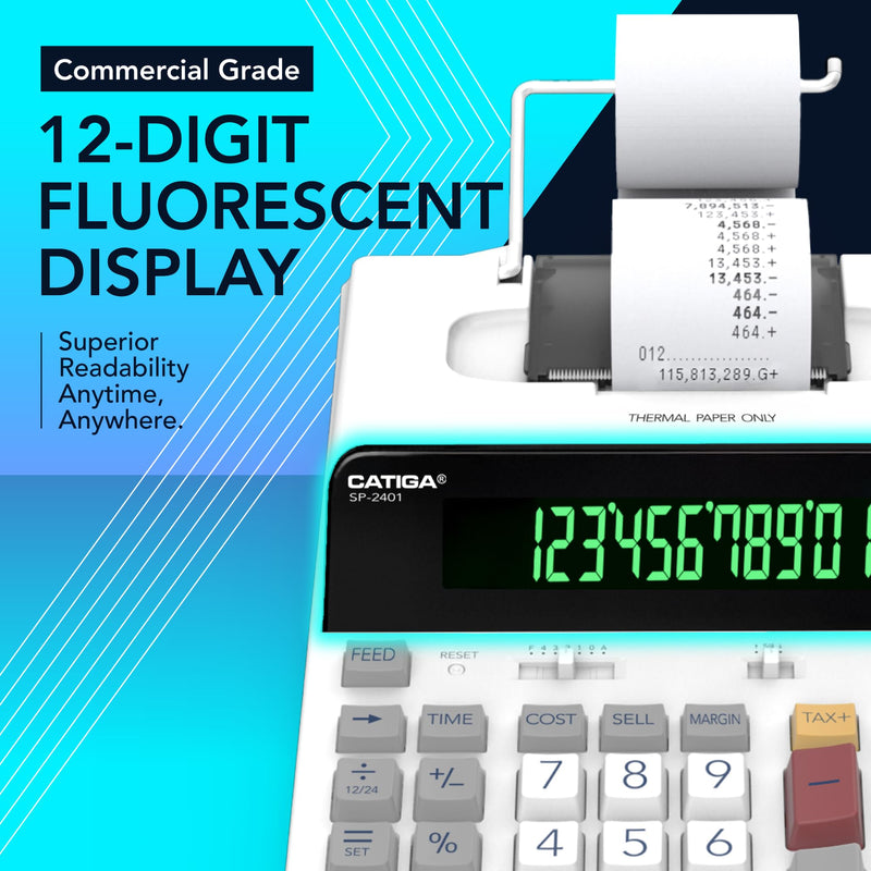 CATIGA 12 Digit Thermal Printing Calculator with Tape Print Out, Ink-Free Adding Machine, 3X Faster Quite at 8.0 LPS, Extra Large Fluorescent Display, Tax Calculation with Clock and Calendar, SP-2401 White (Ink Free)