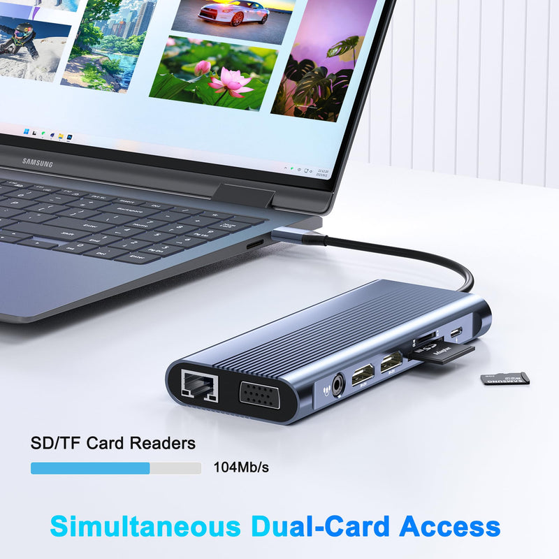 USB C Docking Station Dual Monitor for Dell/HP/Lenovo/Mac Laptop, Dual HDMI Adapter for 2 Monitors, 14 in 1 Laptop Docking Station Dual Monitor with 10Gbps USB/HDMI/VGA/PD/Ethernet/SD/TF/Audio/Mic