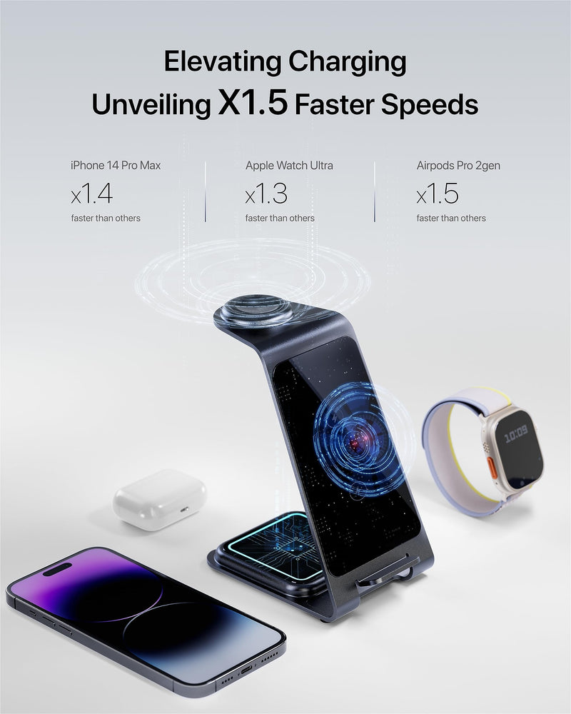 Intoval 3-in-1 Wireless Charging Station for iPhone 15 Pro/15/15 Pro Max/14 Pro/14/14 Pro Max, Apple Watch 9/Ultra 2/SE/8/7/6/5/4/3/2, AirPods Pro/Pro 2/3 (Y93, Grey)