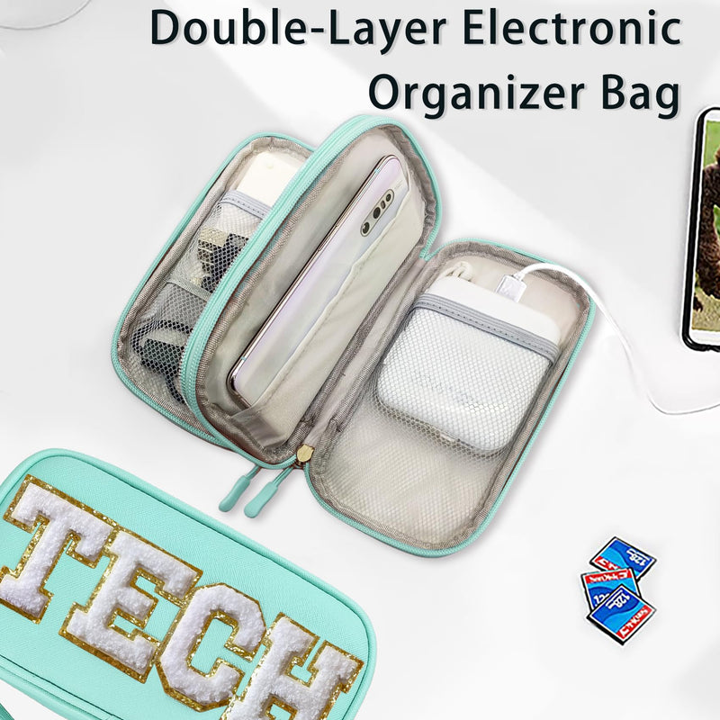 Electronics Organizer Bag Travel with Chenille Letter Patch TECH Traveling Must Have Accessories Cute Personalized Gift for Women Cable Cord Charger Storage Pouch (Greenish Blue) Greenish Blue